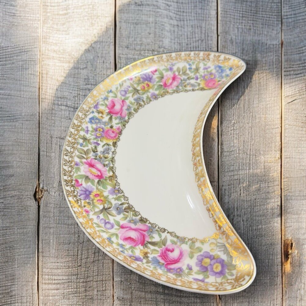 Vintage Bavaria Germany Bone Dish Plate Crescent Porcelain Floral Pattern Plate